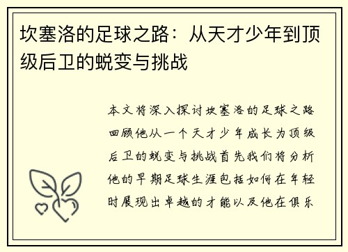 坎塞洛的足球之路：从天才少年到顶级后卫的蜕变与挑战